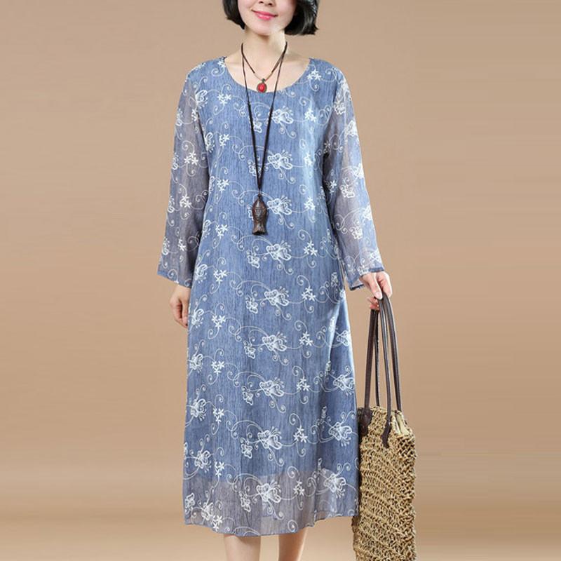 Edle Tunika Feines Damen Sommer Druck Loses blaues Kleid