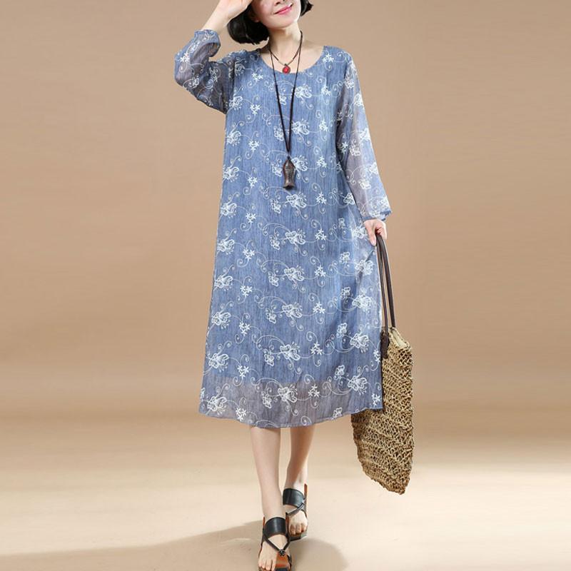 Edle Tunika Feines Damen Sommer Druck Loses blaues Kleid