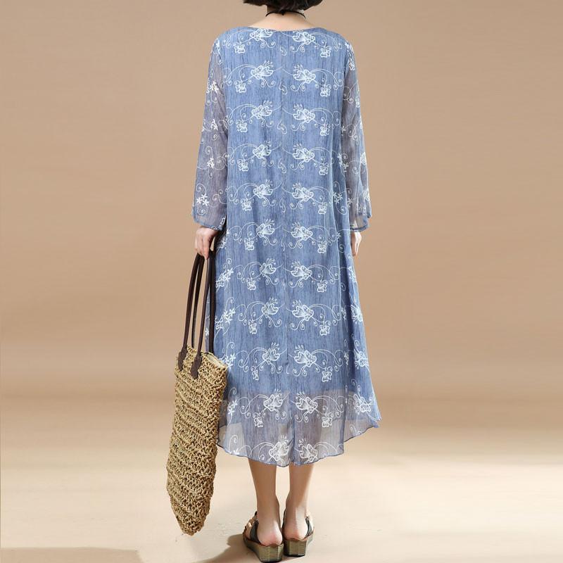 Edle Tunika Feines Damen Sommer Druck Loses blaues Kleid