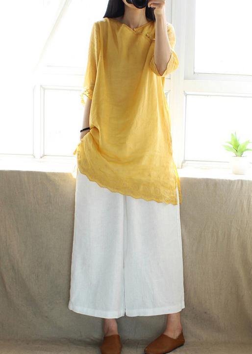 Classy V Neck Half Sleeve Blouses For Women Design Yellow Embroidery Top - SooLinen