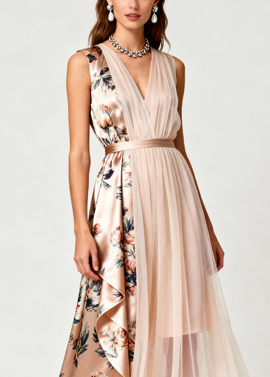 Classy V Neck Print Tulle Patchwork Chiffon Dress Sleeveless