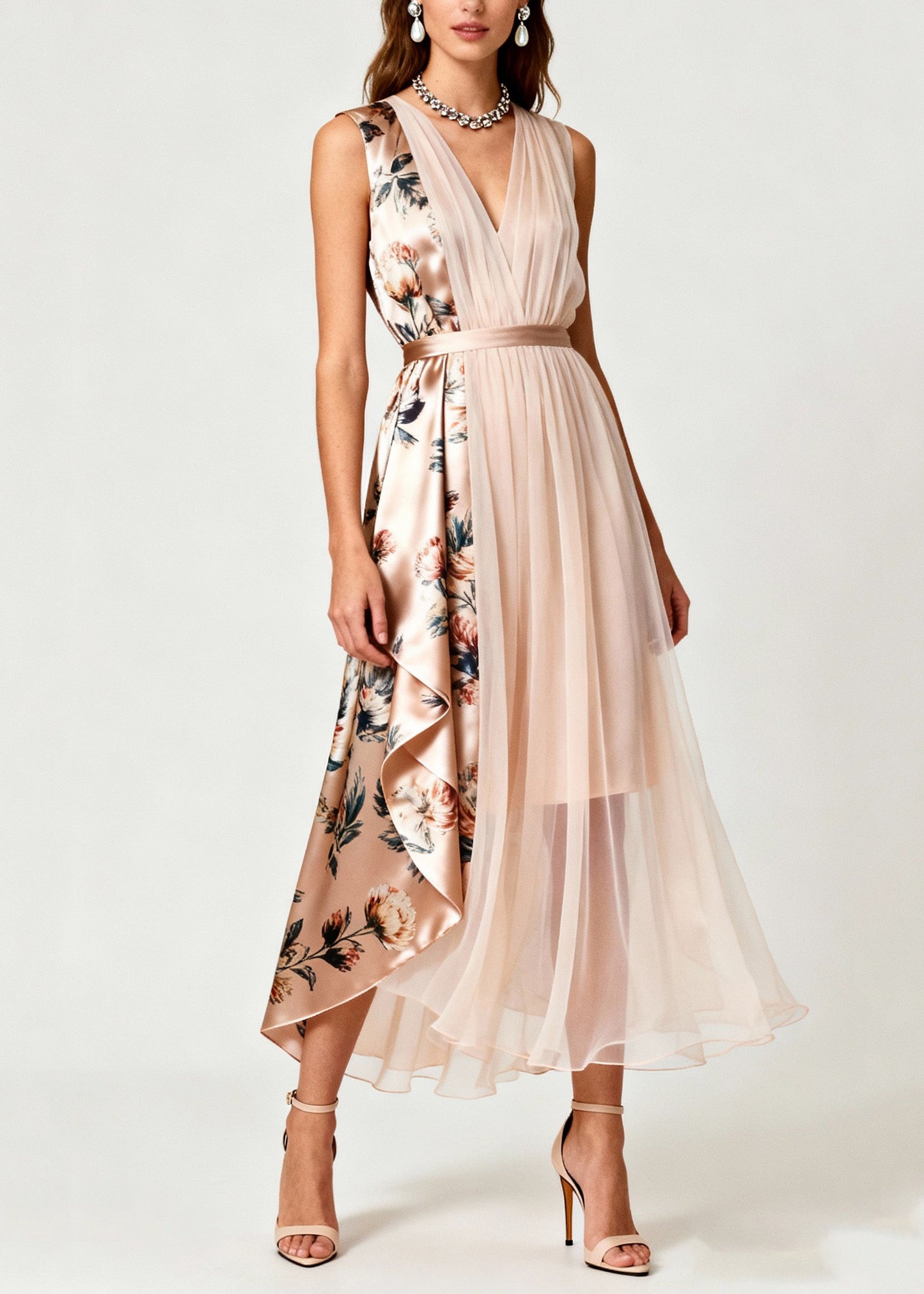 Classy V Neck Print Tulle Patchwork Chiffon Dress Sleeveless