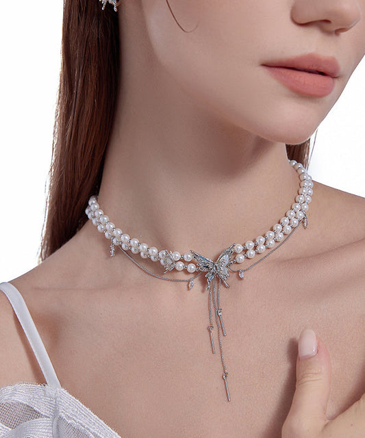 Classy White Copper Alloy Pearl Butterfly Princess Necklace