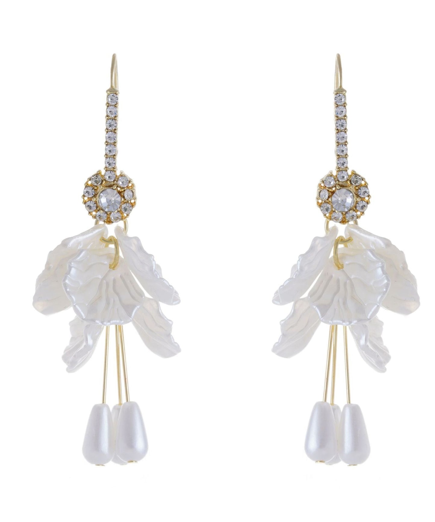 Pendientes elegantes con borlas florales, perla, concha y circonita acrílica dorada de cobre blanco