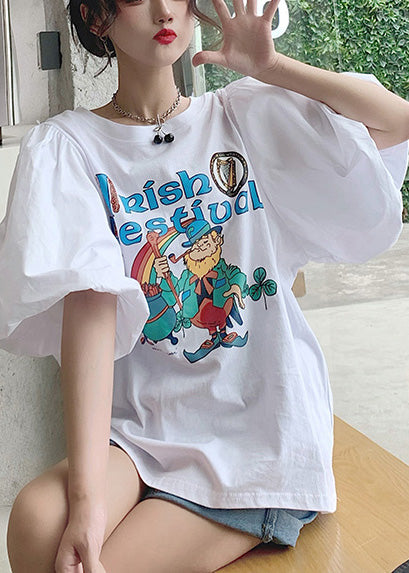 Classy White Puff Sleeve Print Cotton Tanks Summer