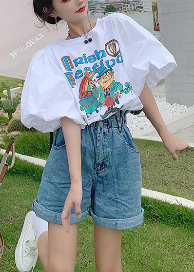 Classy White Puff Sleeve Print Cotton Tanks Summer