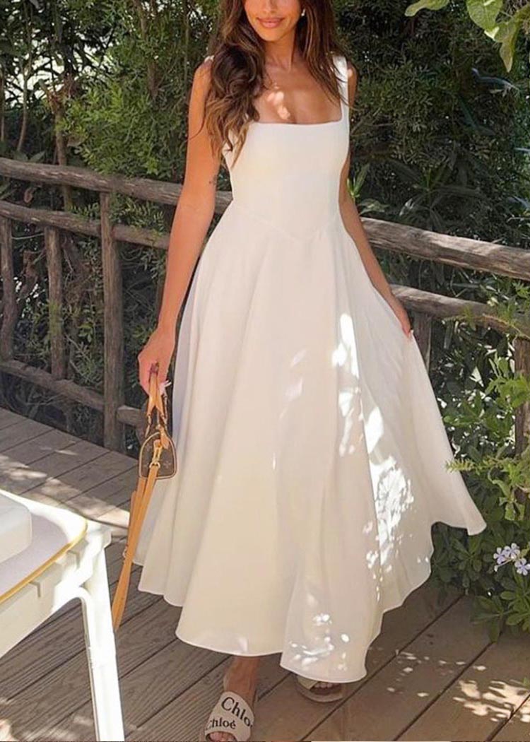 Classy White Square Collar Exra Large Hem Long Dresses Summer