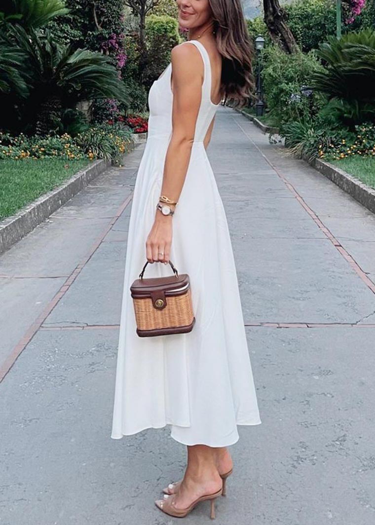 Classy White Square Collar Exra Large Hem Long Dresses Summer