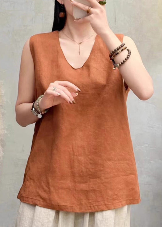 Classy Wine Red Side Open Solid Linen Tops Sleeveless