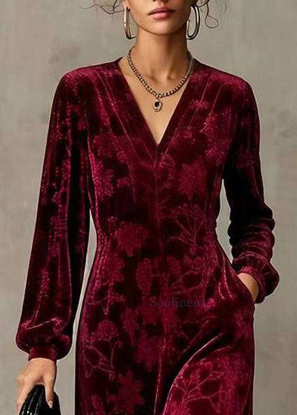 Classy Wine Red V Neck Jacquard Silk Velour Long Dresses Fall