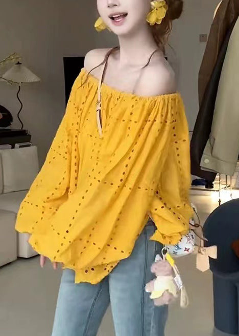 Classy Yellow Cold Shoulder Hollow Out Cotton Shirt Summer