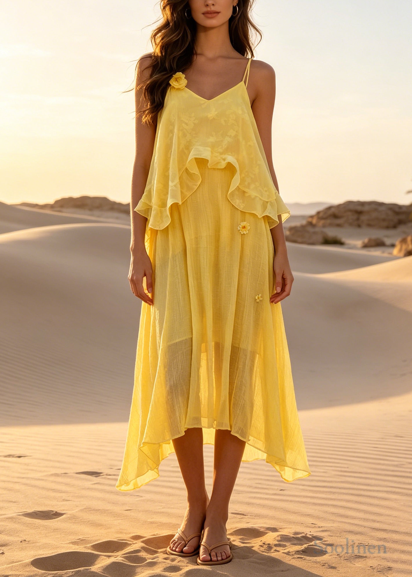 Classy Yellow Ruffled Floral Cotton Beach Dresses Summer