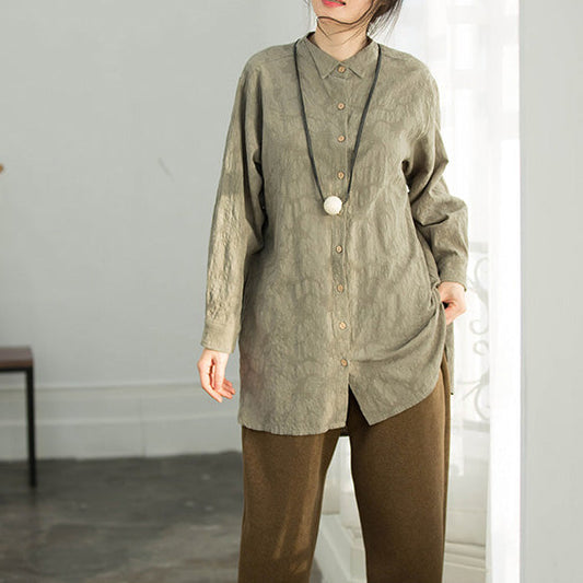 Edle armeegrüne Baumwollkleidung Lässige Arbeitsoutfits Bluse mit Jacquard-Silhouette