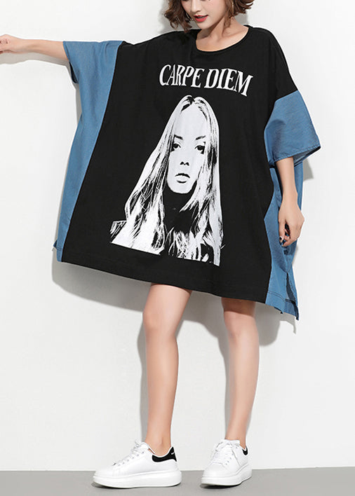 Edles schwarzes Baumwoll-Tunikakleid Vintage-Fotografie Patchwork Fledermausärmel Sommerkleid