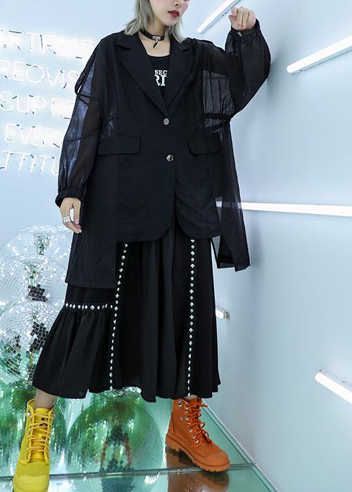 Classy black cotton tunic top tulle patchwork daily fall blouse - SooLinen