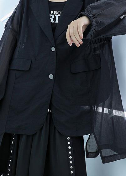 Classy black cotton tunic top tulle patchwork daily fall blouse - SooLinen