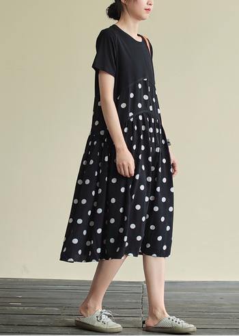 Classy black dotted Cotton clothes o neck patchwork A Line Dress - SooLinen