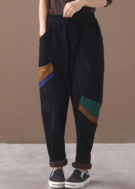 Classy black pant plus size elastic waist patch Sewing wild pants - SooLinen