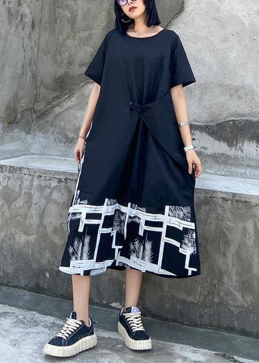 Classy black print clothes For Women o neck asymmetric Robe summer Dress - SooLinen