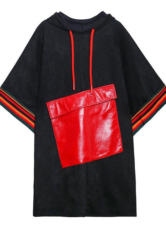 Classy black top hooded Large pockets short fall blouse - SooLinen