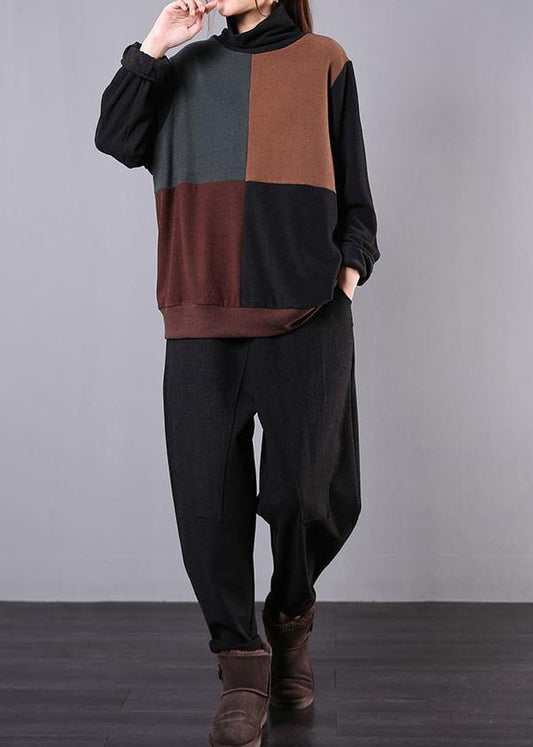 Classy high neck patchwork cotton fall Blouse pattern dark gray shirt - SooLinen