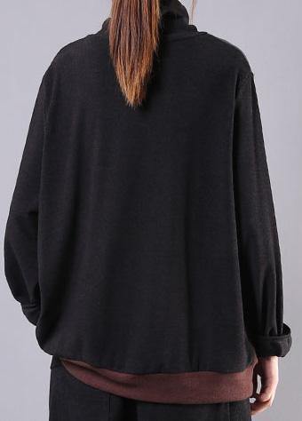 Classy high neck patchwork cotton fall Blouse pattern dark gray shirt - SooLinen