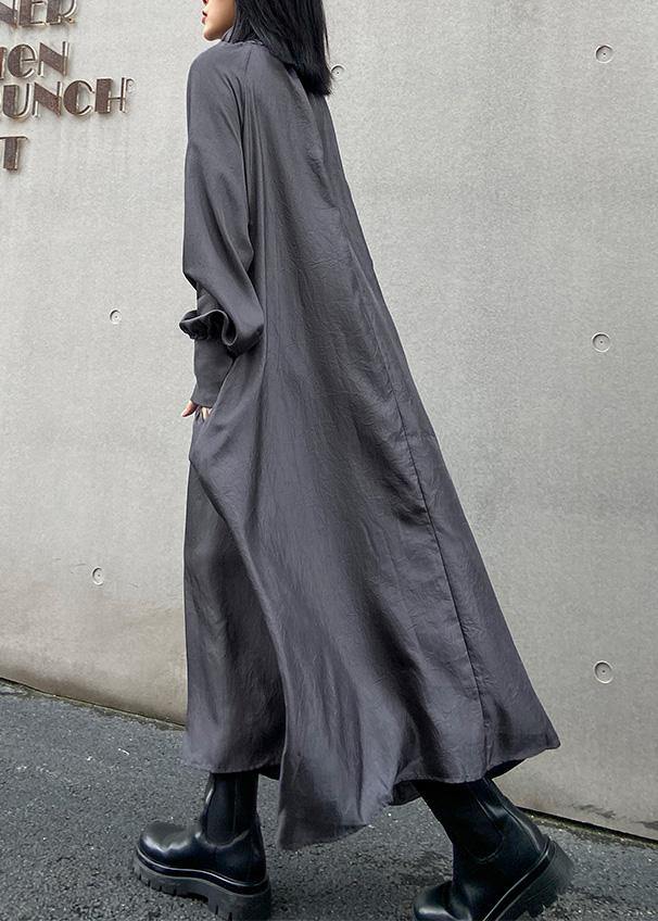 Classy high neck Cinched quilting dresses Shirts gray Maxi Dresses - SooLinen