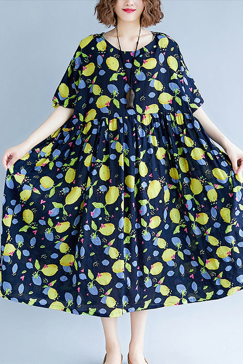 Edle Leinenkleider mit Marine-Print in Übergröße, O-Ausschnitt, kurzärmelige Baumwollroben, Sommerkleider