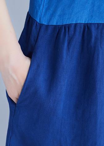Classy o neck patchwork cotton Wardrobes Work blue loose Dress summer - SooLinen
