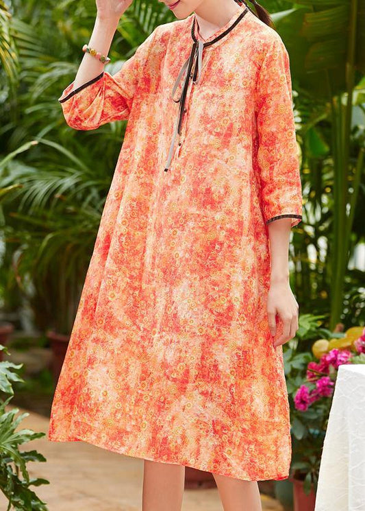 Classy o neck pockets half sleeve linen Wardrobes Sewing orange print Dress summer - SooLinen