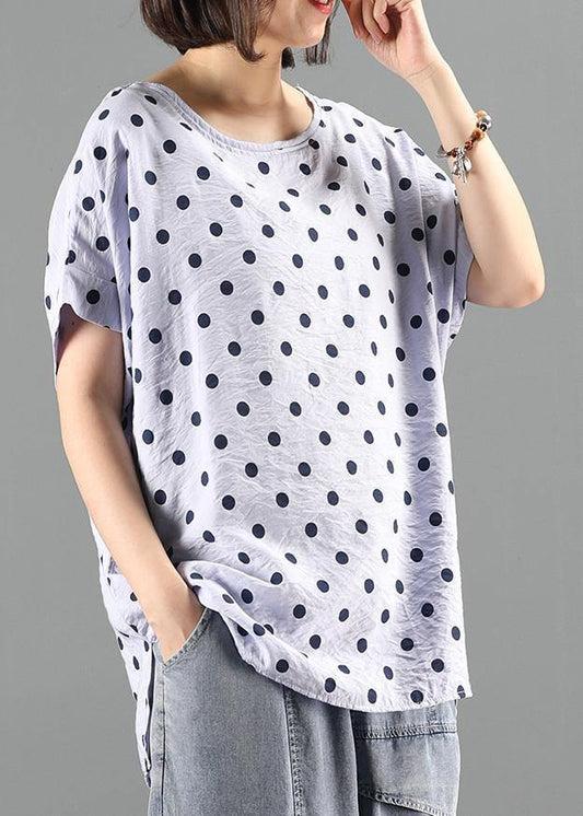 Classy o neck shirts light purple dotted short tops - SooLinen