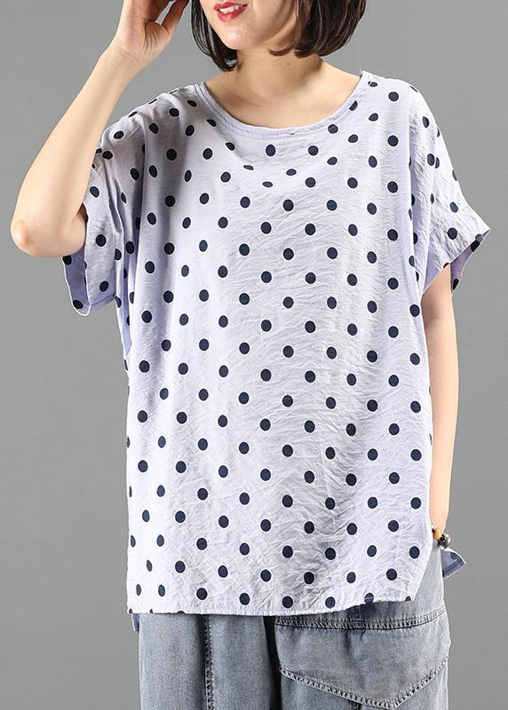 Classy o neck shirts light purple dotted short tops - SooLinen