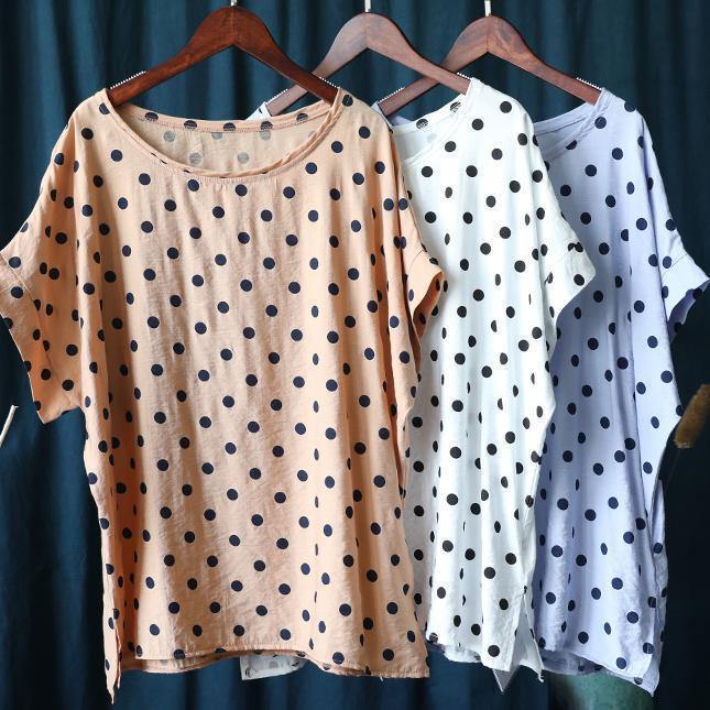 Classy o neck shirts light purple dotted short tops - SooLinen