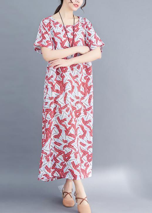 Classy red prints cotton tunic dressVintage Sewing side open Traveling summer Dresses - SooLinen