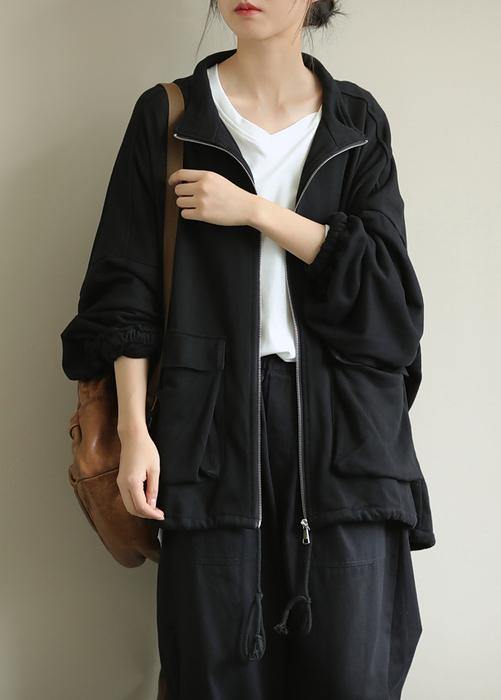 Classy stand collar zippered Fashion clothes For Women black Midi women coats - SooLinen