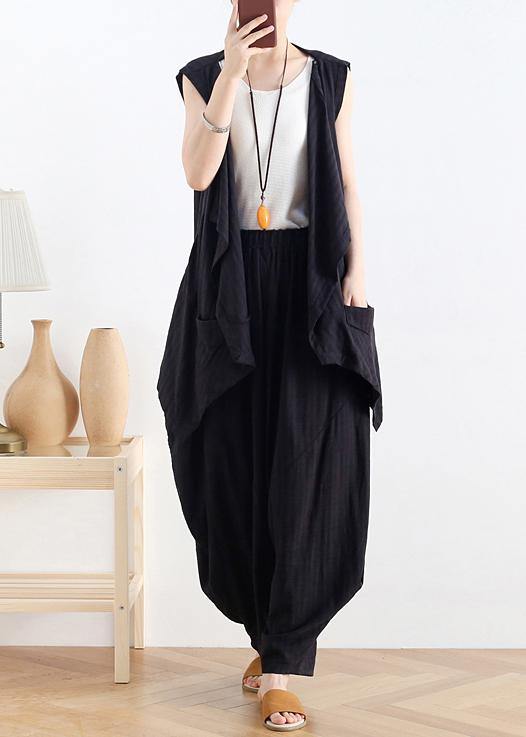 Classy v neck asymmetric linen summer top Neckline black blouse - SooLinen