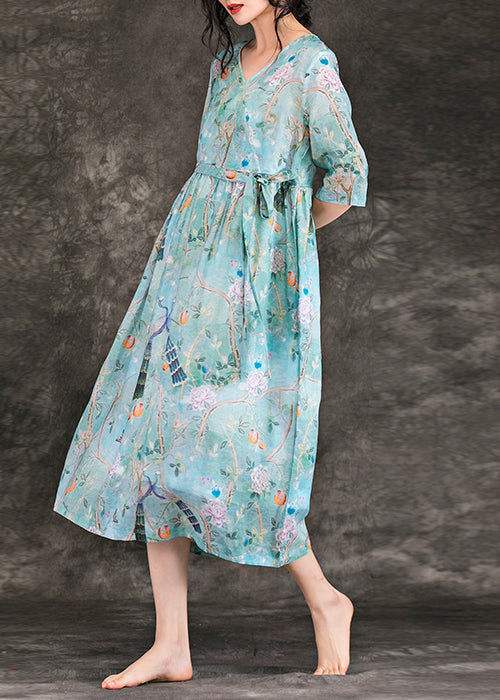 Edles Leinenkleid mit V-Ausschnitt und Krawattenbund, Pakistani Work, hellblau, Plus Size Kleid, Sommer