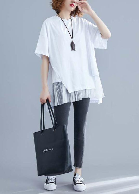 Classy white linen top silhouette Inspiration o neck patchwork summer blouse - SooLinen
