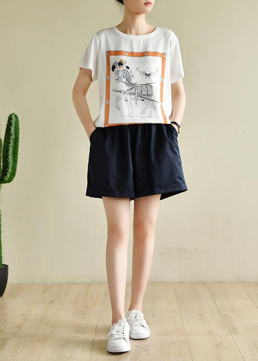 Classy white print clothes For Women o neck daily summer tops - SooLinen