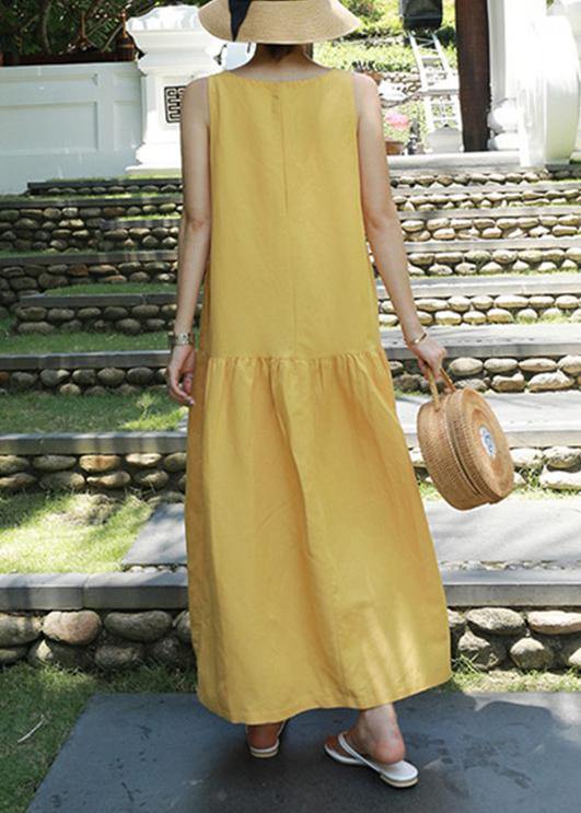 Classy yellow cotton Wardrobes o neck sleeveless Maxi summer Dresses - SooLinen