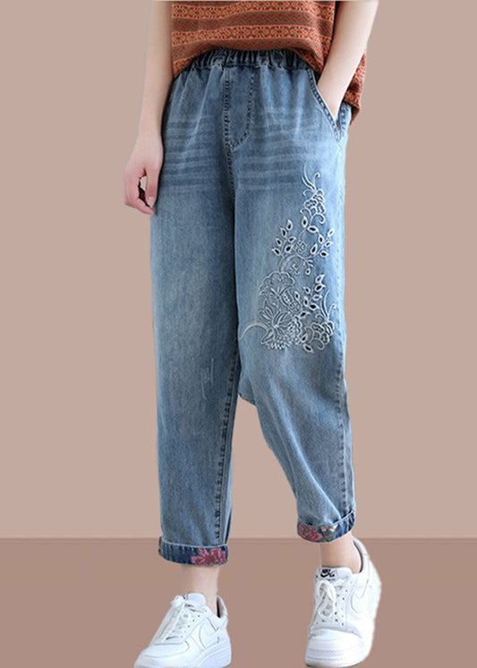 Edle Denim Blaue Hose Frühling Elastische Taille Stickerei Arbeitsoutfits Damenhose