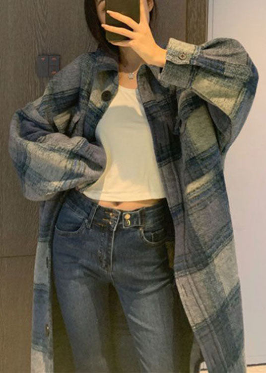 Club Grau Blau Plaid Knopfseite offen Herbst Wolle Langarm Trenchcoat