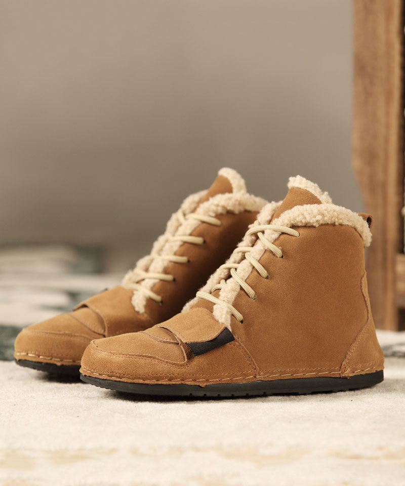 Schokoladenstiefel, Rindsleder, flauschige Wolle, gefüttert, handgefertigt, mit Kreuzriemen