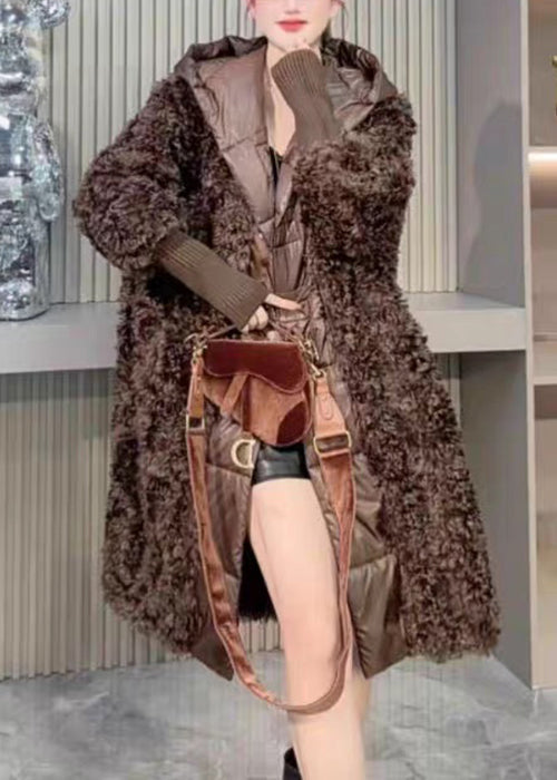 Coffee Button Patchwork Leather And Fur Winter Coat Hooded