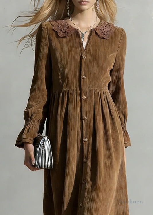 Coffee Button Solid Oversized Corduroy Shirts Dress Peter Pan Collar