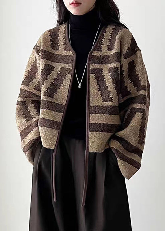 Coffee Cotton Knit Cardigan V Neck Long Sleeve
