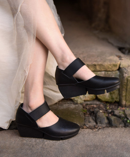 Coffee Cowhide Leather Buckle Strap Splicing Wedge Heels Sandals