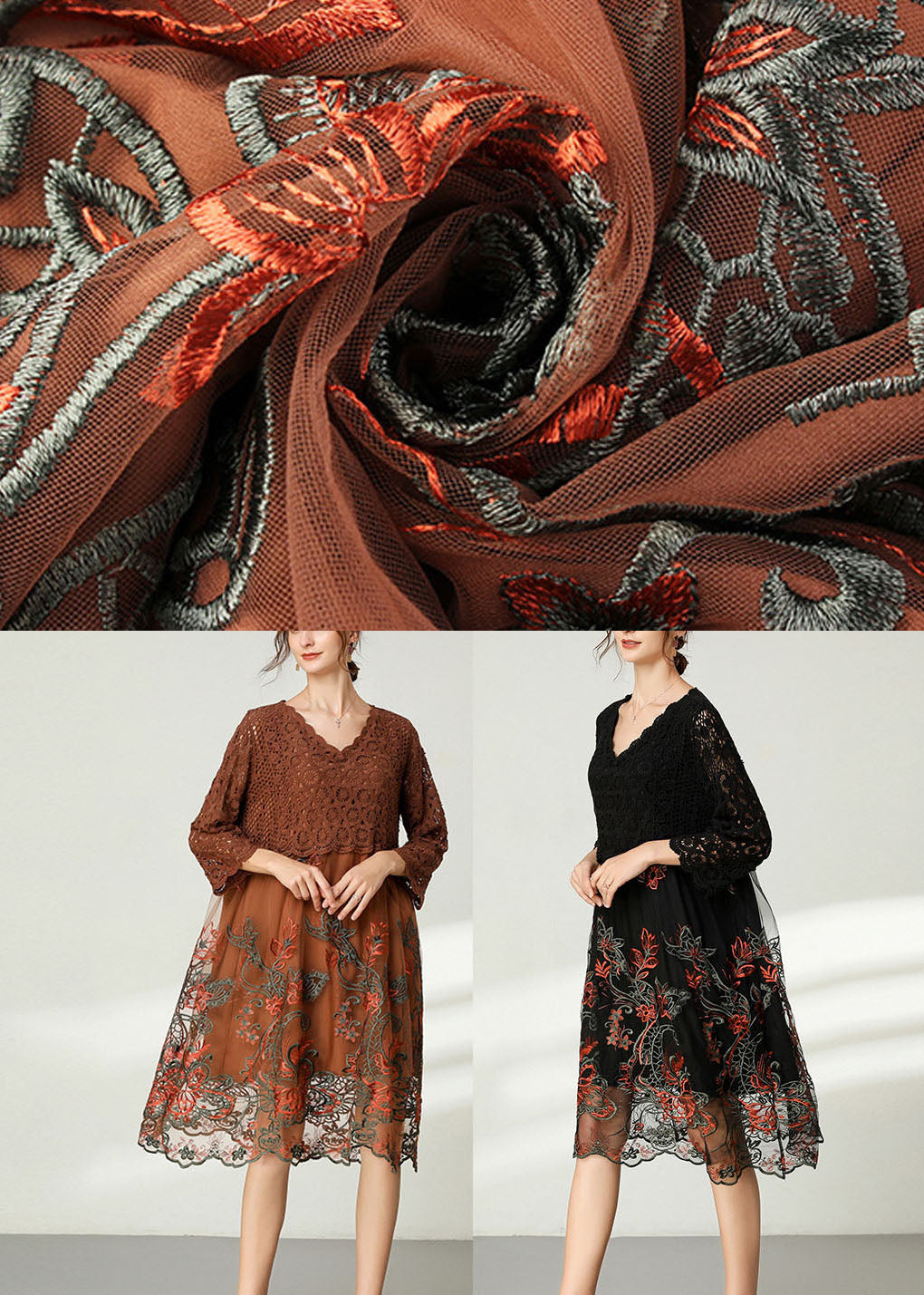 Schokolade Patchwork Spitze Lose Kleid Bestickt Frühling