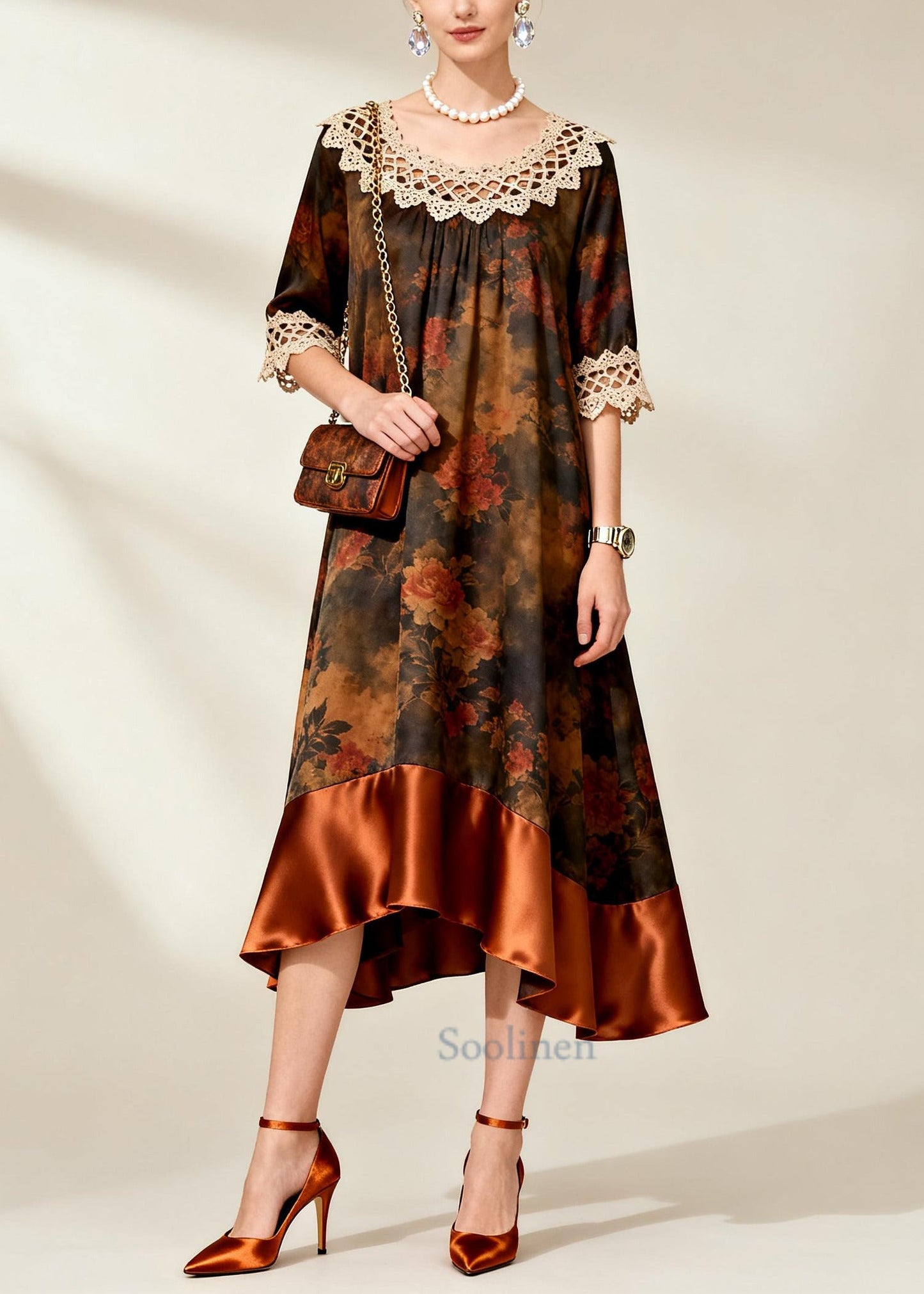 Coffee Patchwork Silk Robe Dresses Oversized Print Summer