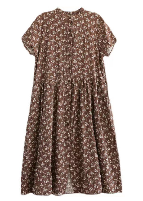 Vestidos largos de manga corta con botones arrugados y patchwork de color café